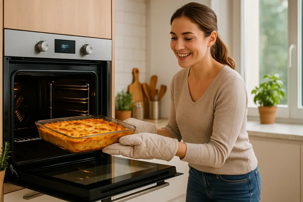 Una cocina moderna y luminosa con una mujer sonriente sacando una lasaña perfectamente horneada de uno de los mejores hornos de cocina empotrables. El ambiente transmite calidez y eficiencia, con luz natural, plantas frescas y detalles acogedores que reflejan una experiencia de cocción satisfactoria y sin frustraciones.