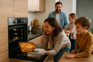 Mujer sacando comida de un horno empotrable en una cocina familiar moderna – hornos de cocina baratos en uso diario.