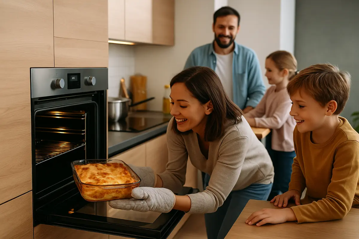 Mujer sacando comida de un horno empotrable en una cocina familiar moderna – hornos de cocina baratos en uso diario.