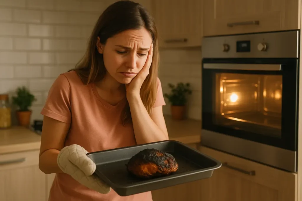 Error común al usar un horno de cocina inadecuado: mujer frustrada con plato quemado en cocina moderna.
