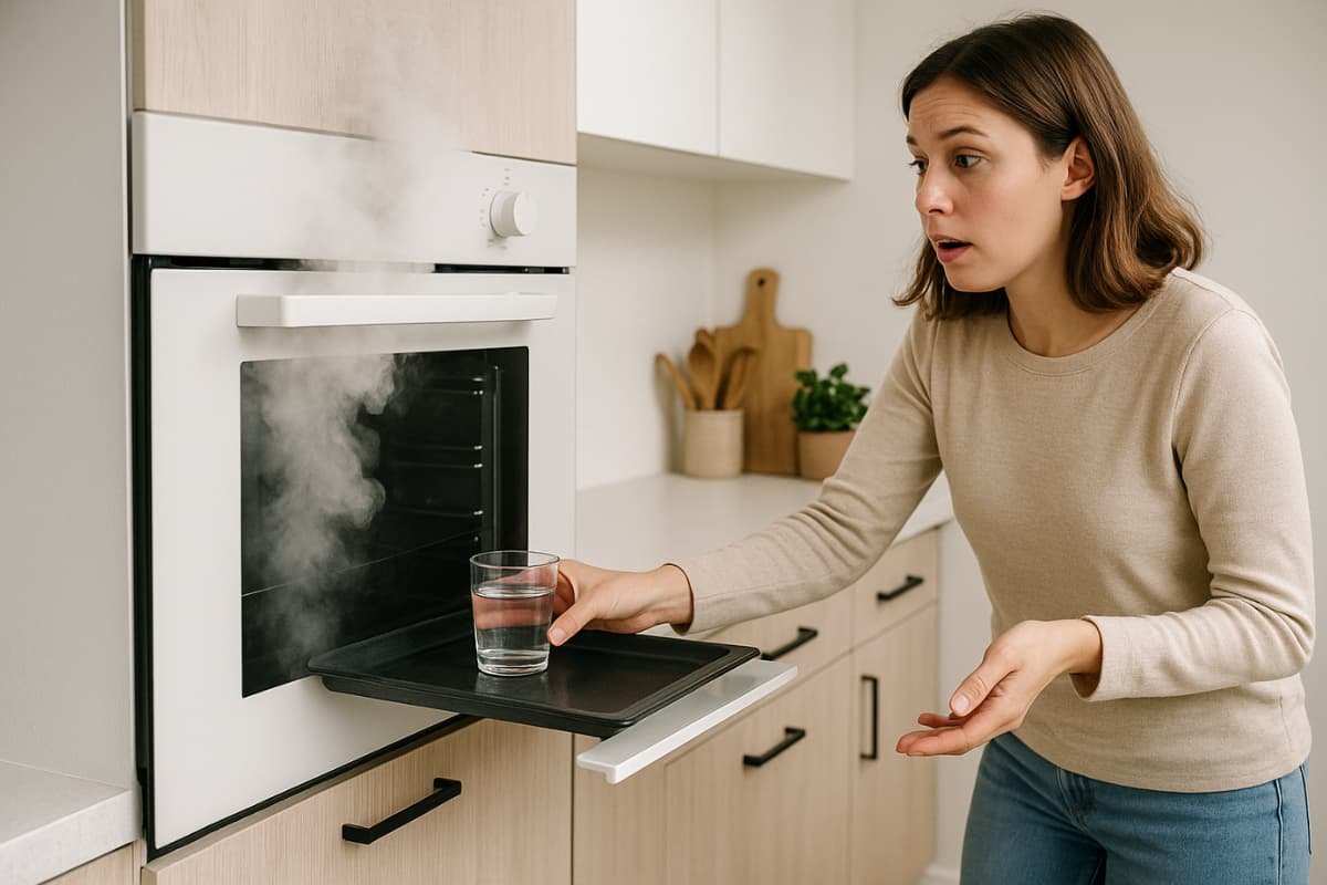 Mujer sorprendida al ver vapor saliendo de un horno empotrado mientras prueba su nivel con un vaso de agua